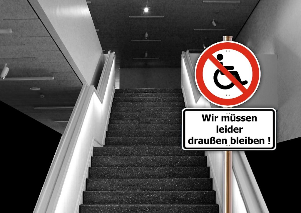 "No wheelchair" sign at the lower end of the stairs