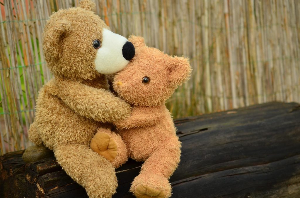 Two teddy bears embrace each other