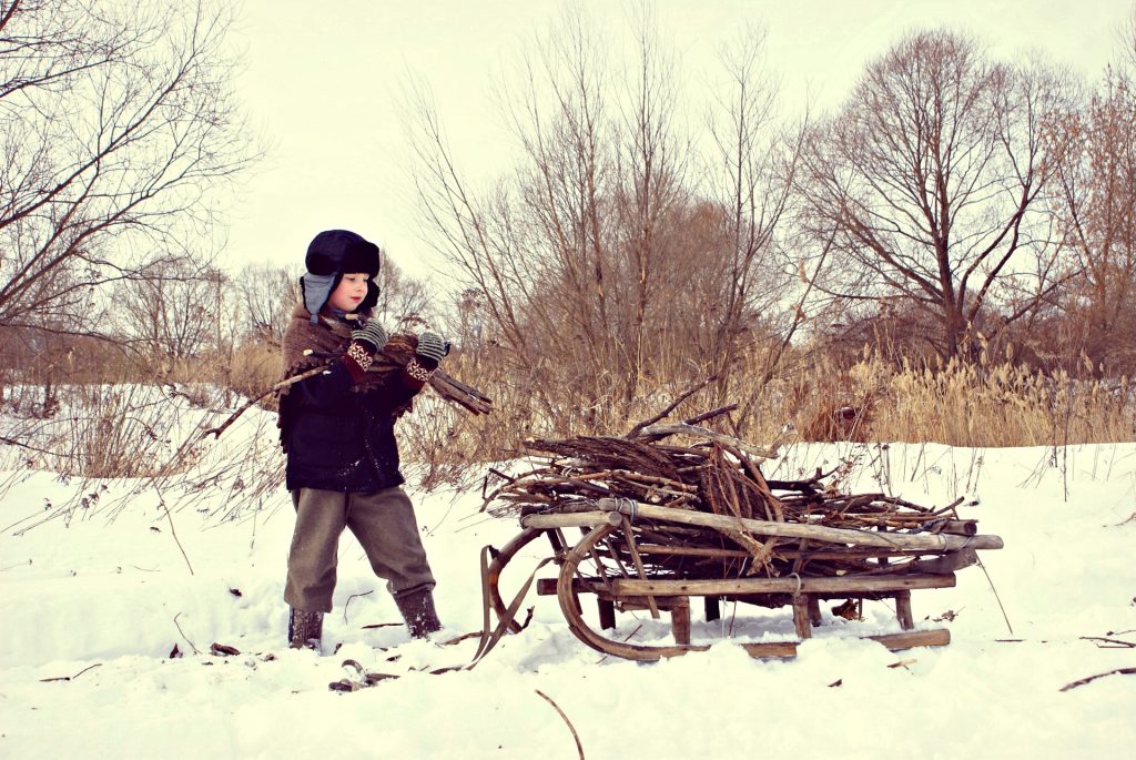 Poika kerää talvella lumen keskellä kuivia risuja rekeen polttopuiksi.