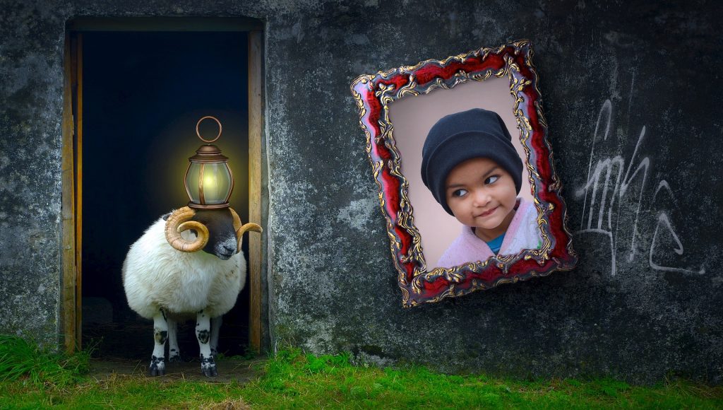 Sheep with lamp on its head, image of a child on the wall.