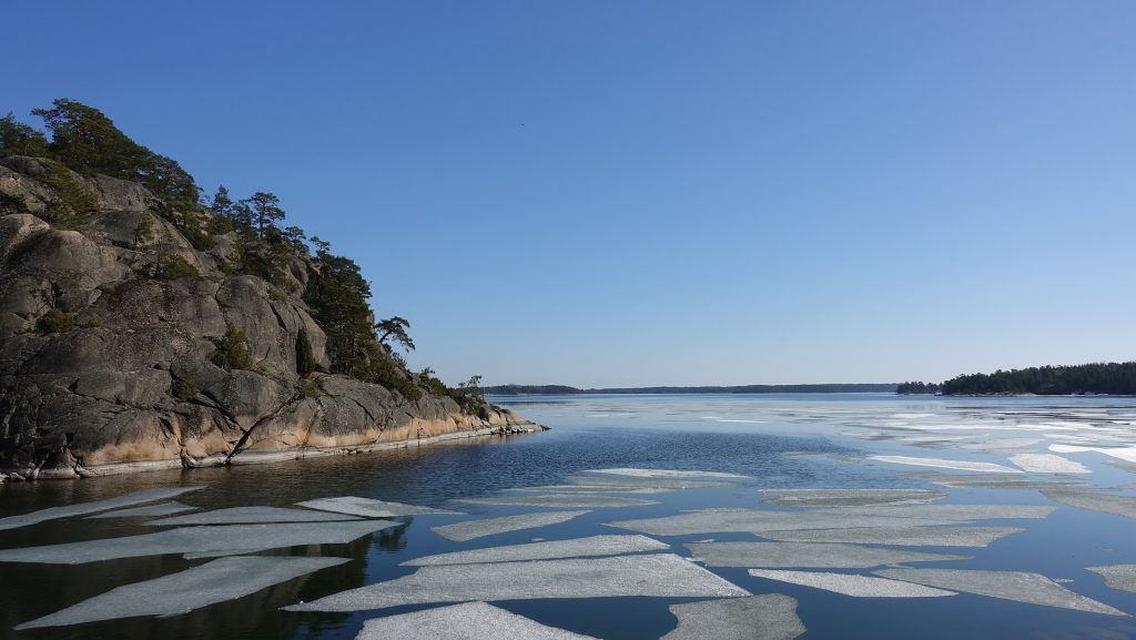 Ice rafts on the surface of the calm sea.