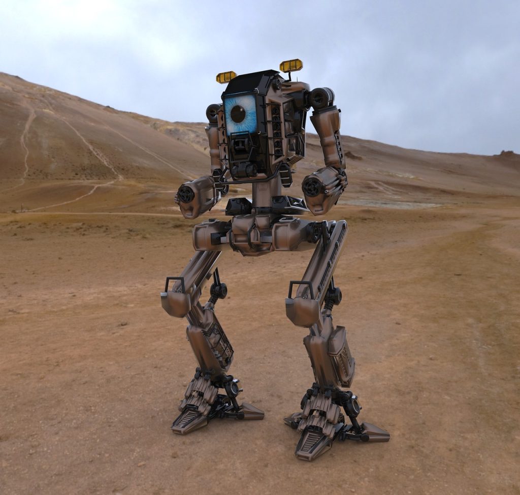 Robot soldier in sand desert.