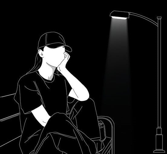 Girl sitting in the light of street lamp.
