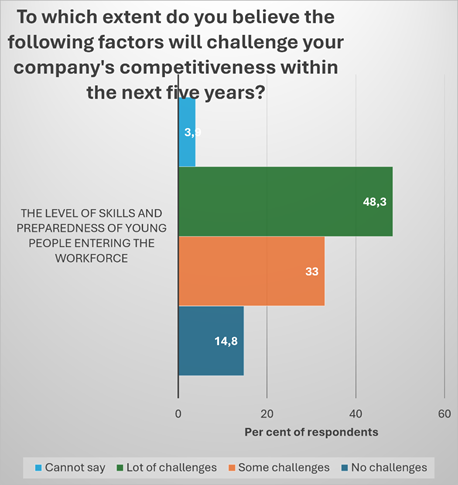 In the figure, 48 per cent of leaders believed, that the level of skills and preparedness of young workers causes lot of challenges, 33 per cent believed in some challenges, 15 per cent in no challenges, and 4 per cent had no idea.