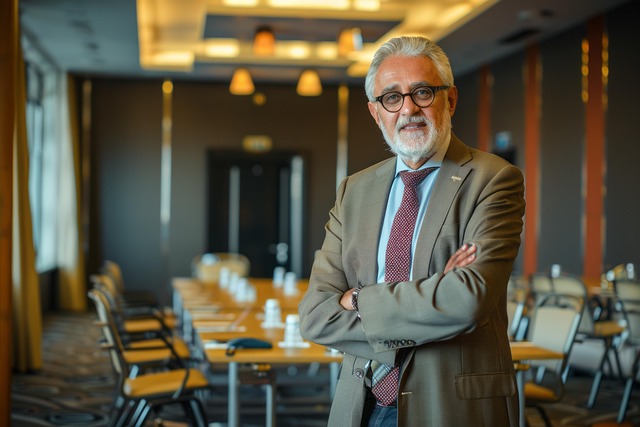 Seniorityöntekijä seisoo neuvotteluhuoneessa.